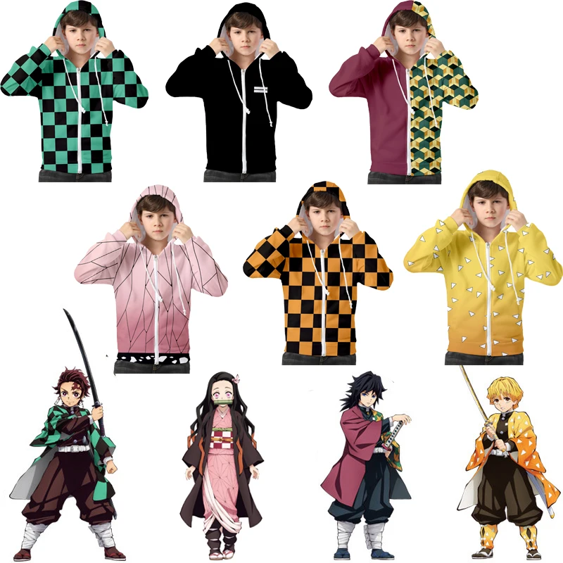 Vaikai Anime Demon Slayer Kimetsu Nr. Yaiba Tanjiro Kamado Nezuko Cosplay Kostiumų Hoodies Plius Dydžio Striukės Berniukas Mergaitė Helovinas kailis