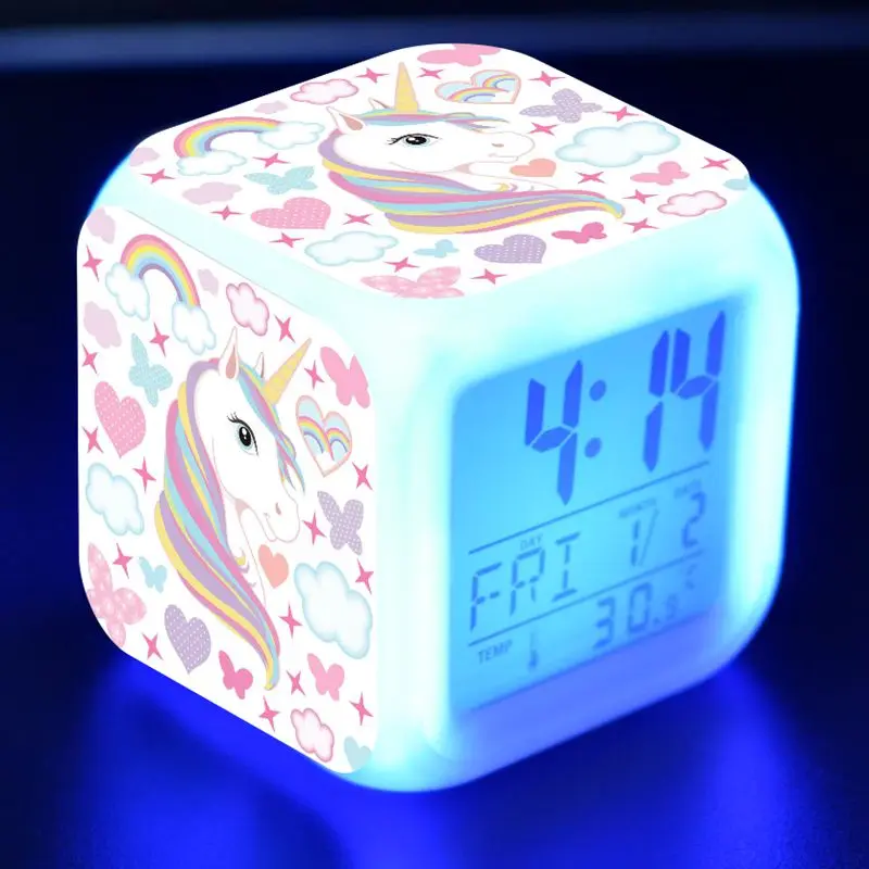 Mielas Vienaragis Pav Modelio LED Stalinis Laikrodis-Žadintuvas Spalvinga Flash Šviesos Termometras Unicornio Pav Žaislai Mergaitėms Šalis