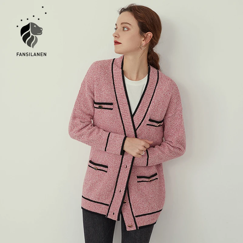 FANSILANEN Atsitiktinis negabaritinių rožinis megztas megztinis Moterims ilgomis rankovėmis vintage megztinis Rudenį, žiemą elegantiškas kašmyro megztinis viršų