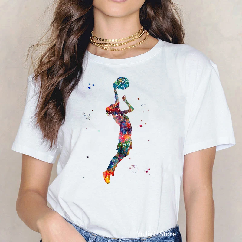 Vasaros 2020 m., akvarelė krepšinio mergina menas spausdinti marškinėliai, femme 90-ųjų sporto camisatas mujer tees harajuku kawaii topai marškinėliai