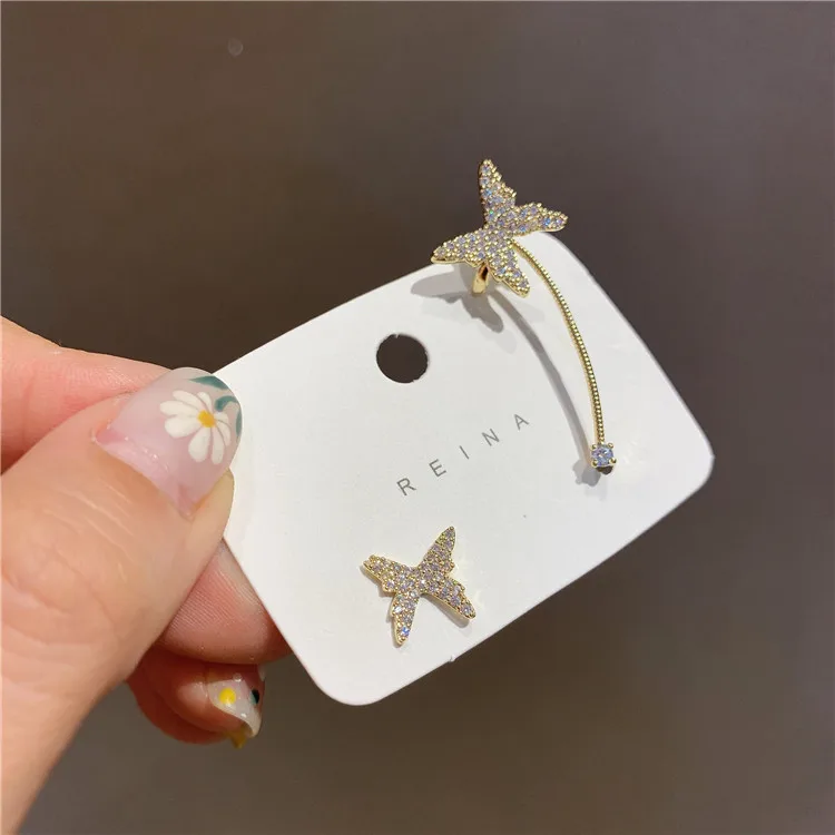 Korėjos Naujo Dizaino Bižuterijos Išskirtinį Vario Apdaila Cirkonis Visą Crystal Butterfly Asimetrinė Ausies Kaulų Netikrą Moterų Auskarai