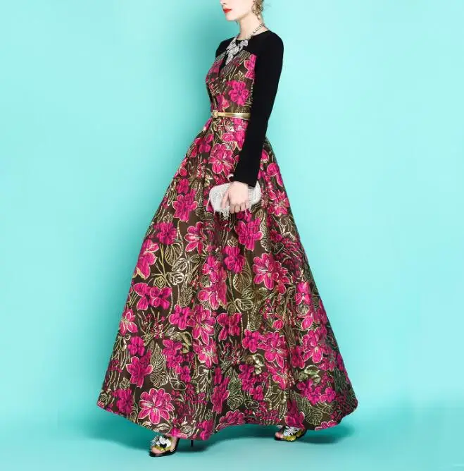 Pavasario 2019 Naujas Prabangios Žakardinės Super Ilga Suknelė Ponios Ilgomis Rankovėmis Retro Slim Apvalios Kaklo Gėlių Maxi Ilgio Suknelės