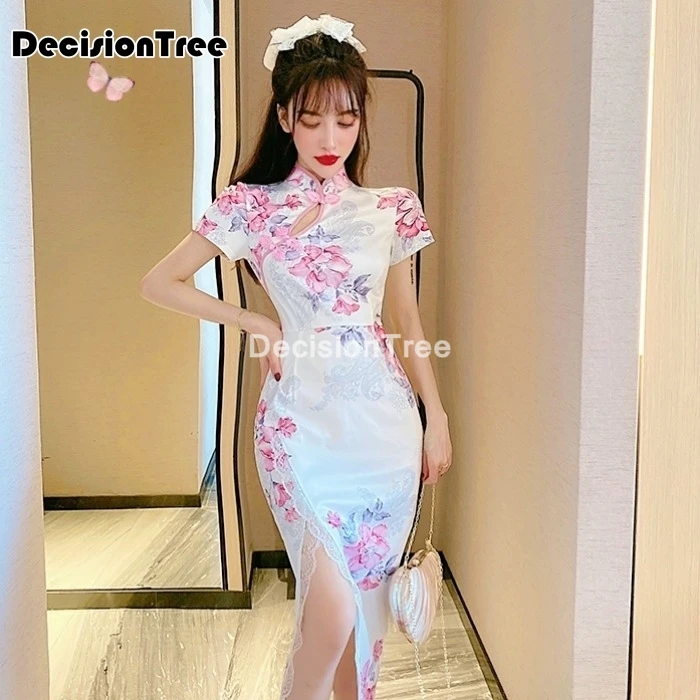 2021 satino qipao suknelė su sexy nėrinių gėlių spausdinti cheongsam suknelė elegantiškas princesė vakare šalies cheongsam vestidos rytų suknelė