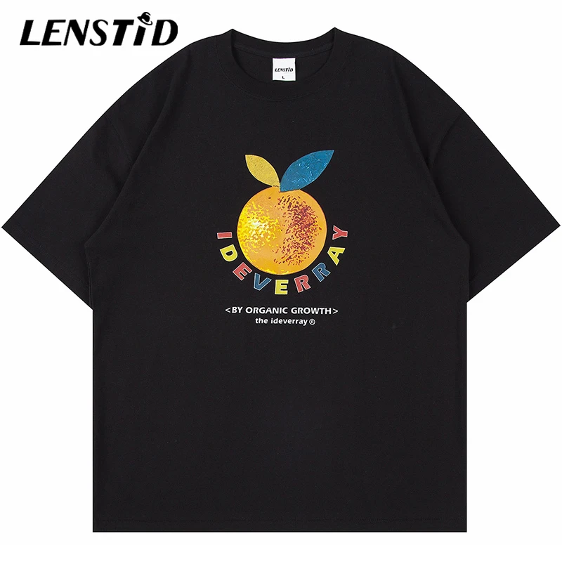 LENSTID Vasarą Vyrams trumpomis Rankovėmis Marškinėlius Hip-Hop Orange Laišką, Print T-Shirt 2021 Streetwear Harajuku Medvilnės Atsitiktinis Palaidų Viršuje Tees