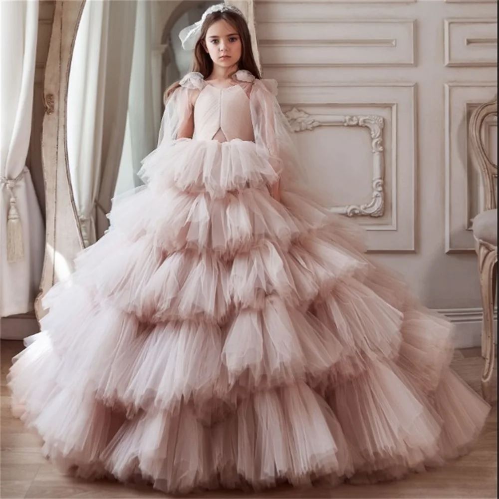 2020 M. Princesė Gėlių Mergaičių Suknelės, Vestuvių V Kaklo Ruffles Pakopų Sijonai Bamblys Inscenizacija Chalatai Tiulio Pirmos Komunijos Suknelė