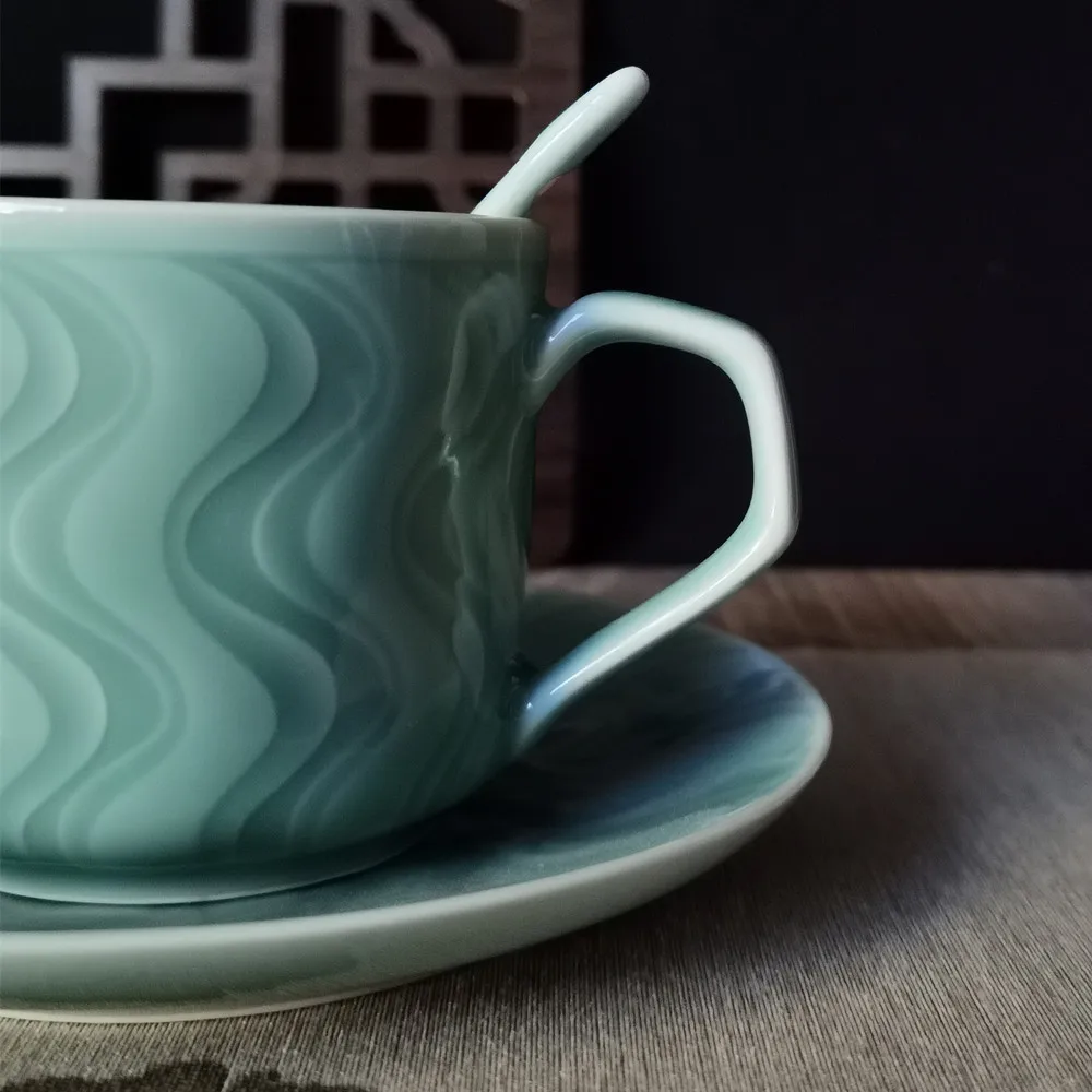 Kavos Puodelis 8.5 oz Teacup ir Lėkštė Nustatyti 250ml Porceliano Drinkware Mikrobangų krosnelėje ir plauti Indaplovėje keramikinis Puodelis Kinų Stiliaus, spalvos jūros vandens