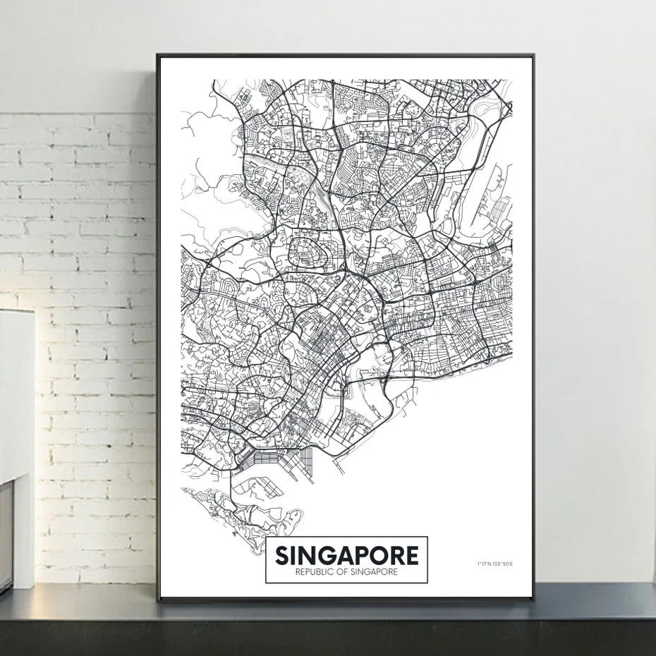 Garsaus Miesto Žemėlapį Singapūras Atspausdinta Drobė, Tapyba Sienos Menas Nuotraukas Juoda ir Balta Plakatai ir Spausdina Kambarį Namų Dekoro