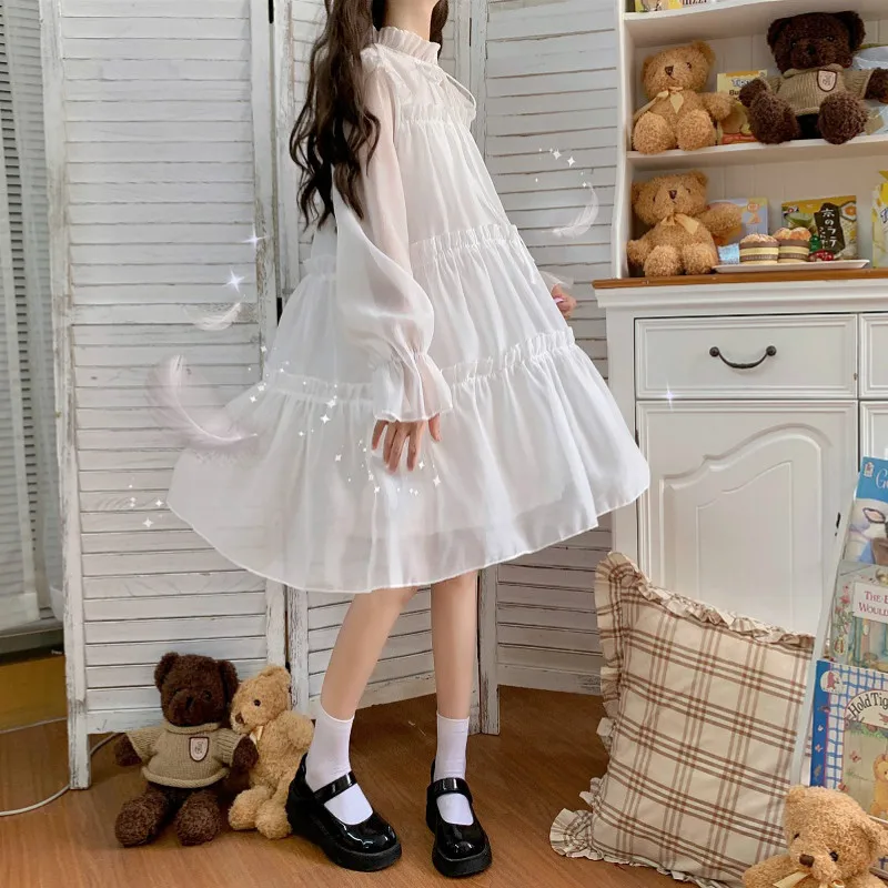 Rudenį, Pavasarį Japonijos Saldus Lolita Dress Moterų Raukiniai Balta Juoda Pasakų Šalis Suknelė Gotikos Blyksnius Rankovės Princesė Pakopų Suknelė