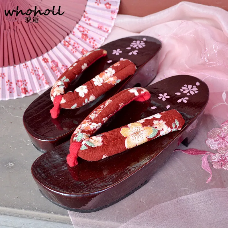 WHOHOLL Moterų Geta Japonijos Užkemša Medienos Šlepetės Moterų Sandalai Cosplay Kostiumai Mergaičių Kimono Fifo Raudona Vienintelis Spausdinti Šlepetės