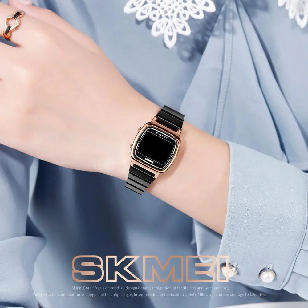 SKMEI Ultra Plonas Prabanga Moterų Nerūdijančio Plieno Laikrodžiai Moterų Mados LED Skaitmeninis Suknelė Verslo Riešo žiūrėti Reloj Mujer