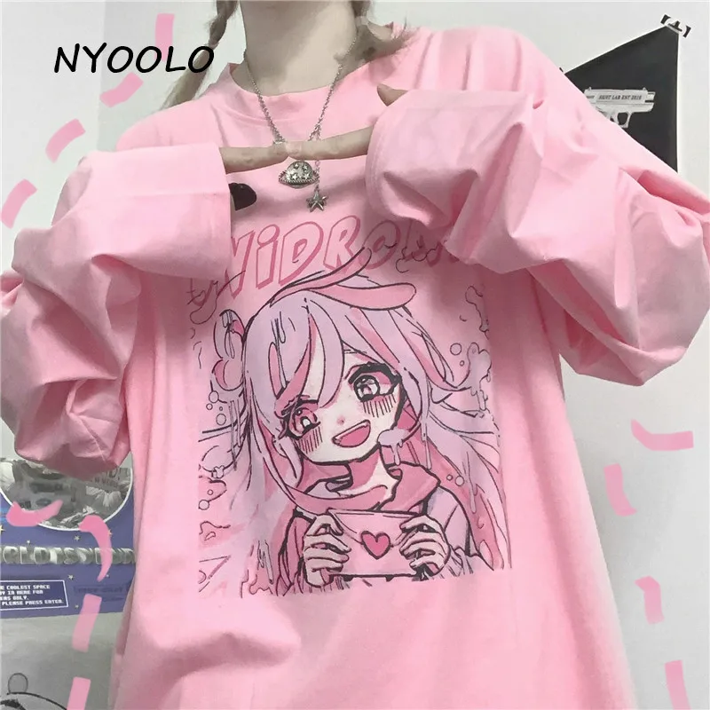 NYOOLO Saldus Animacinių filmų anime patinka mergina ilgomis rankovėmis rožinė t-shirt moterims, Rudenį streetwear O-kaklo puloveriai kawaii mielas viršūnes tee