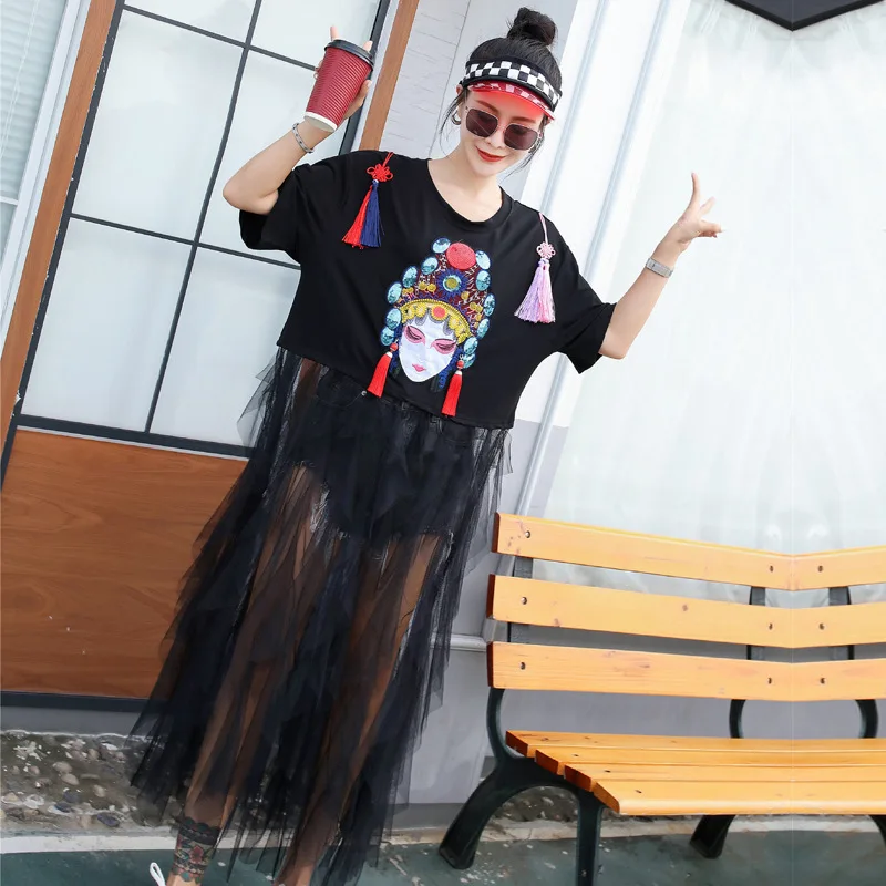 2019 Vasaros Naujoji Banga prekės Pekino Operos Kaukė China Siuvinėjimo T-shirt Moterų ilgų palaidų trumparankoviai tinklelio suknelė