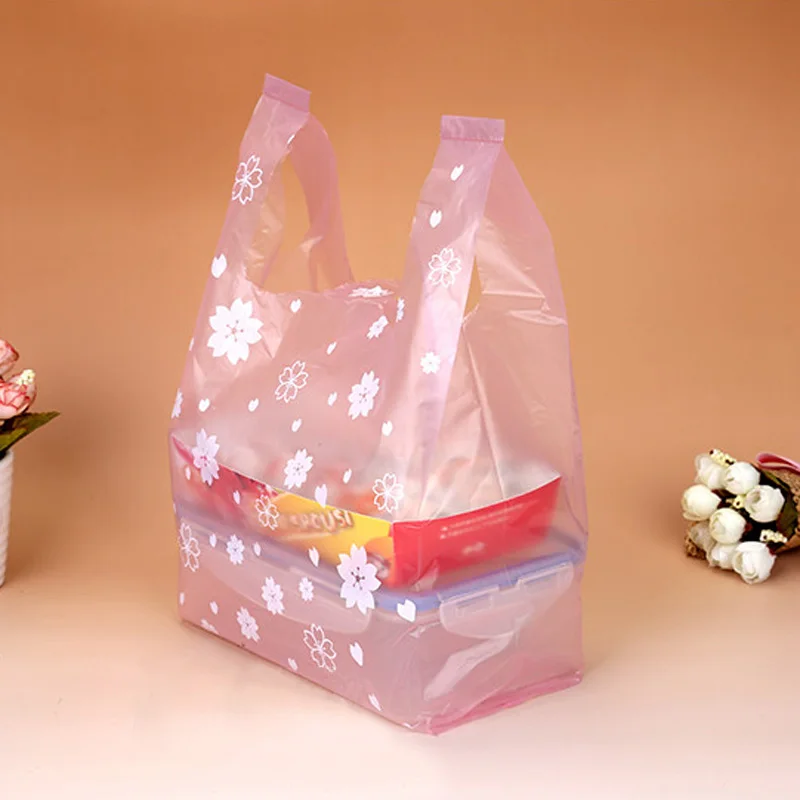 100vnt Rožinė Vyšnių Žiedų Plastiko Dovanų Maišelį Sausainių Pyragas Pakavimo Krepšys su Rankenomis Hot Pink Gėlių, Dovanų pakavimo Maišelis Šalis Tiekimo