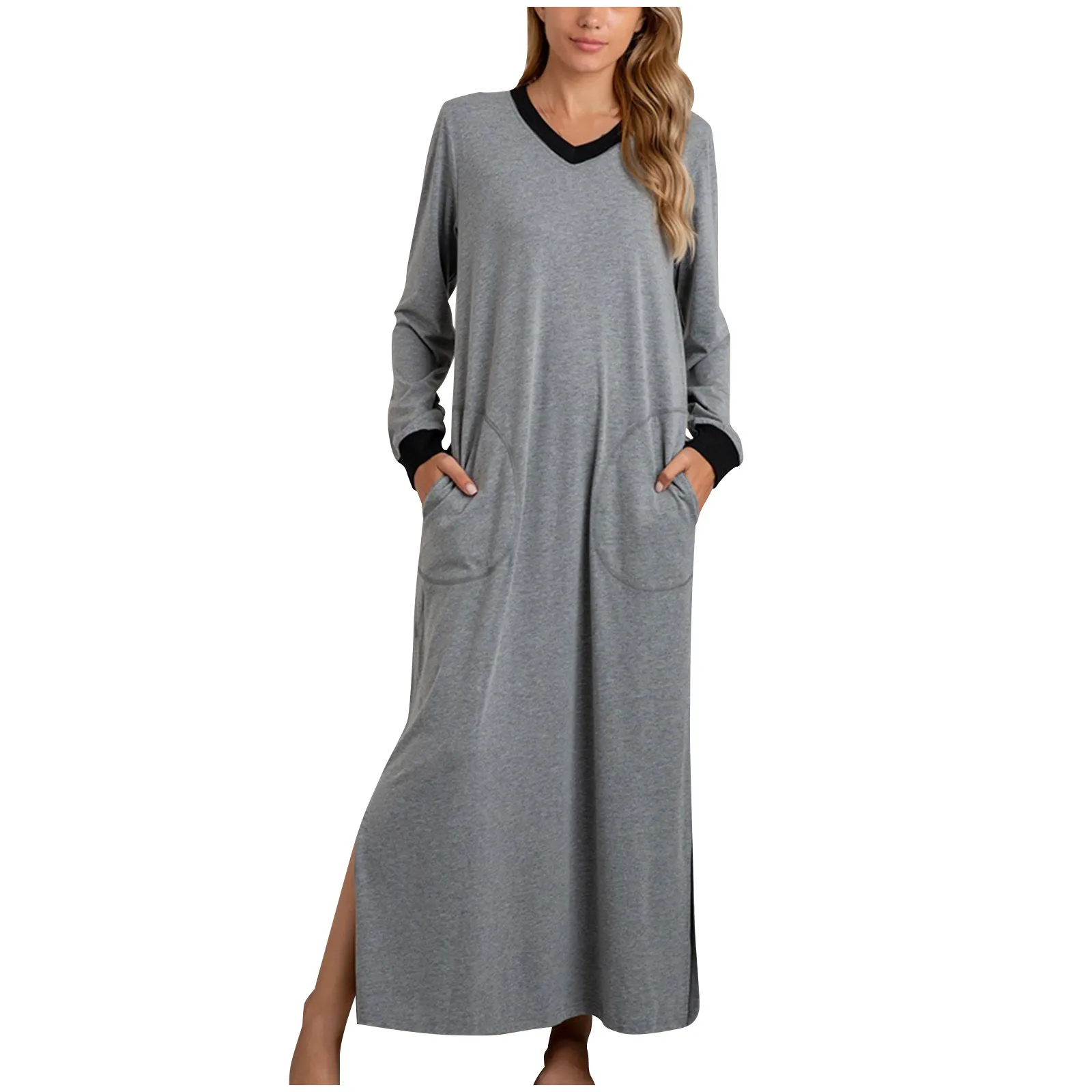 Moterų Laisvi, Atsitiktinis, Kietas Kišenėje Kasdien V-Kaklo Conjoin Ilga Suknelė Žiemos mados, stiliaus namų atsitiktinis ilgai vientisos spalvos suknelė pižama