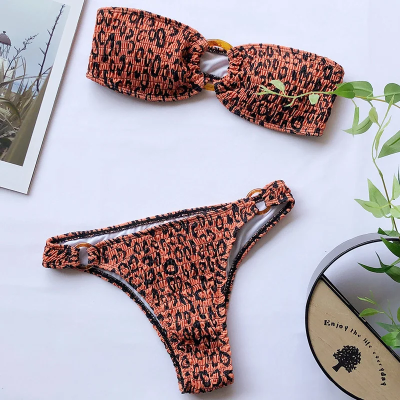 Raukšlėta Leopard Brazilijos Bikini 2020 M. Moteris Žiedai, maudymosi Kostiumėliai, Moterų maudymosi kostiumėlį Dviejų vienetų Bikini komplektas Bandeau Bather Maudymosi Kostiumas