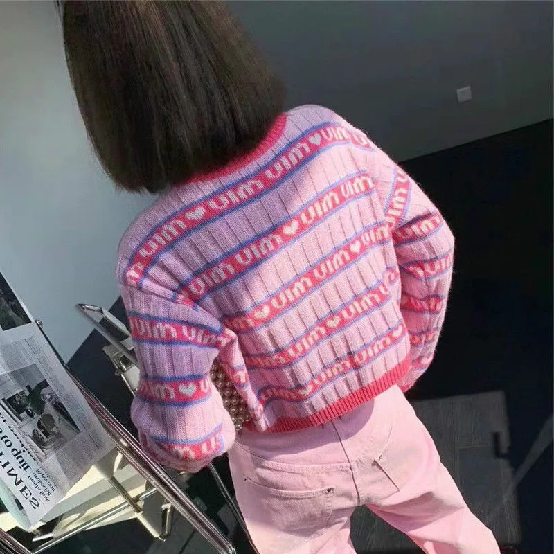 2021 nauja rožinė, violetinė trumpa megztiniai megztinis moterų rudens/žiemos laišką prabangos prekės prarasti ilgomis rankovėmis megzti viršų
