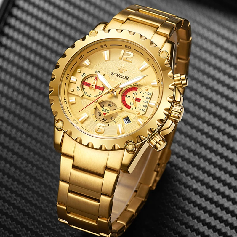 WWOOR Prabanga Aukso Laikrodžiai Mens 2020 Sporto Chronograph Kvarcas Riešo Laikrodžių Vyrams Data Vandeniui Vyrų Laikrodis Relogio Masculino