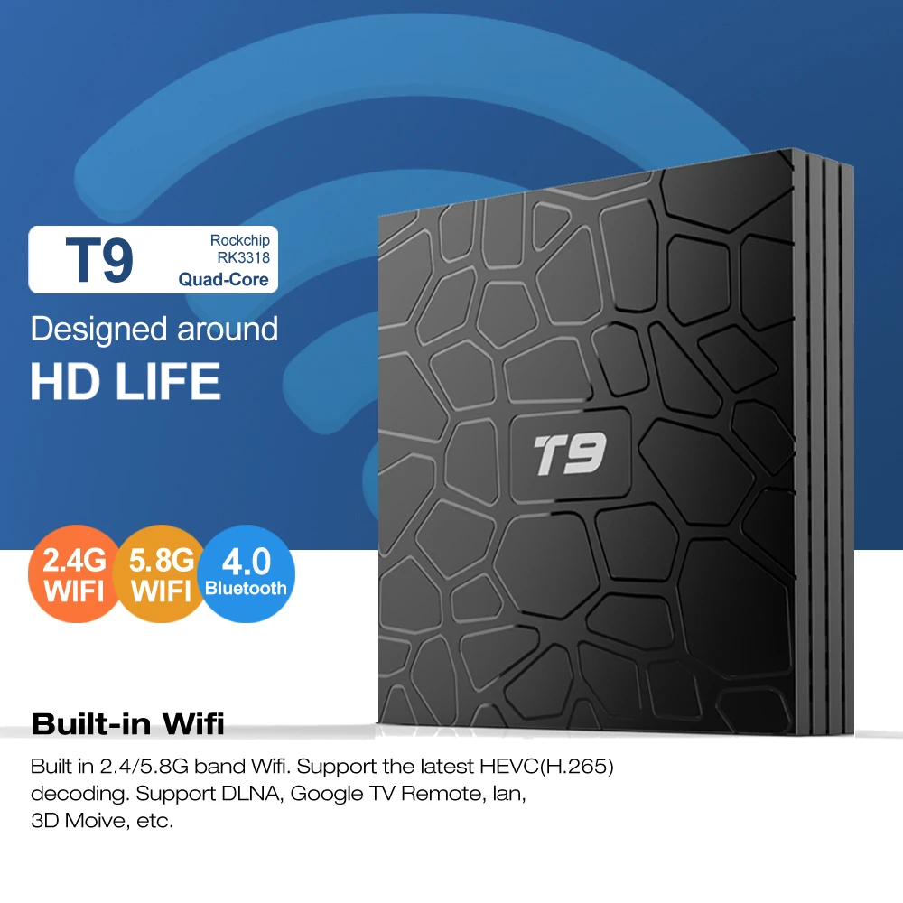 T9 Android 9.0 Smart TV BOX RK3318 Quad core, 4GB Ram 64G Rom 2.4 G/5G Dual WIFI, Bluetooth Skaitmeninis Ekranas 3D HDR 4K Set-Top Box
