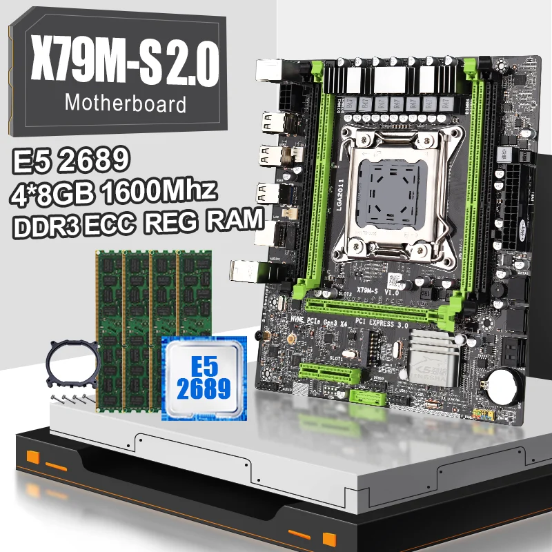 JINGSHA X79M-S pagrindinė plokštė rinkinys su XEON E5 2689 2.6 GHz, 8 Pagrindinės ir 4*8gb DDR3 ECC REG atminties USB2.0 PCI-E NVME M. 2 SSD