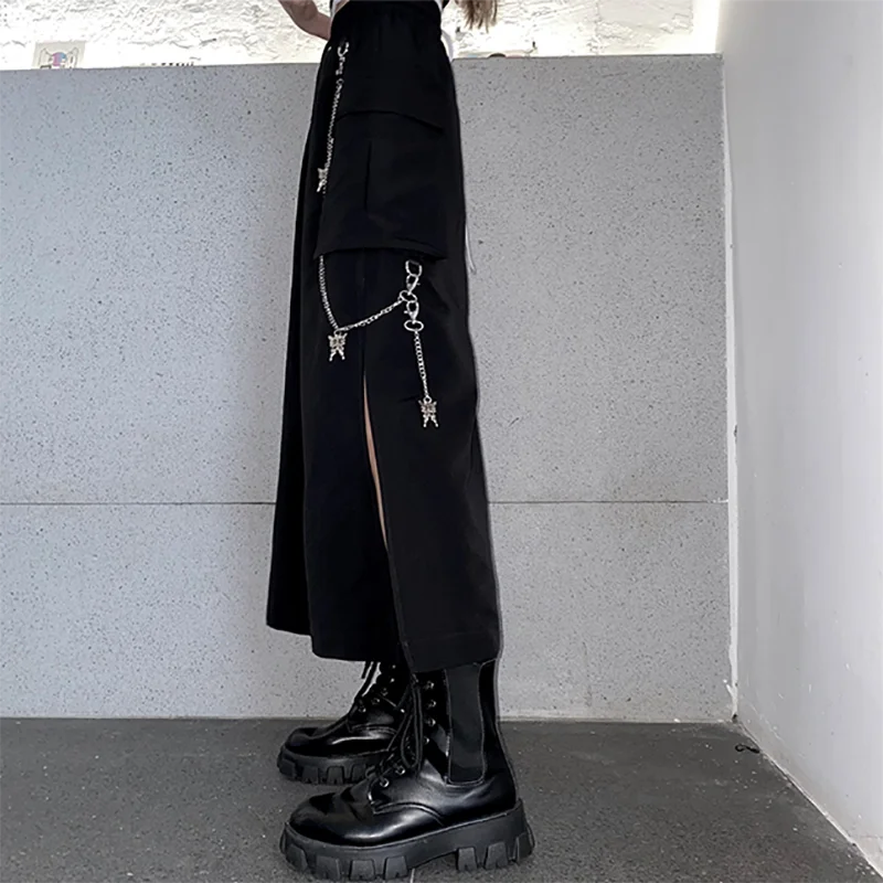 Nauja Vasaros Mados Juodas Sijonas Moterims korėjos Atsitiktinis Streetwear Sijonai Su Grandinės Didelis Kišenėje Krovinių Sijonas Moteris, XS-2XL
