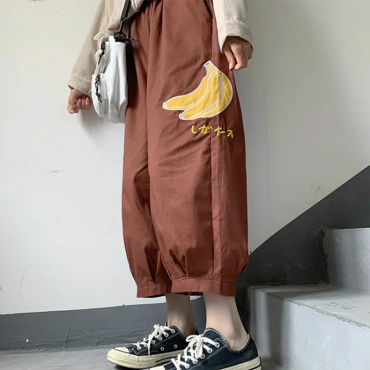 2 Spalvų Naujasis Japonijos Moterų Kelnes Kawaii Išsiuvinėti Bananų Pločio Kojų Kelnės Moteriška Prarasti Kolegija Stiliaus Krovinių Kelnės Mujer
