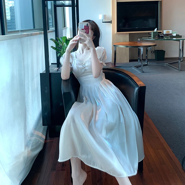 Japonų mados Moterų Vasaros Apykaklės Sluoksniuotos Rankovėmis Plisuotos Aukšto Juosmens Nėriniai-up Slim baltos perlamutro Blizgesio Plečiama lolita dress