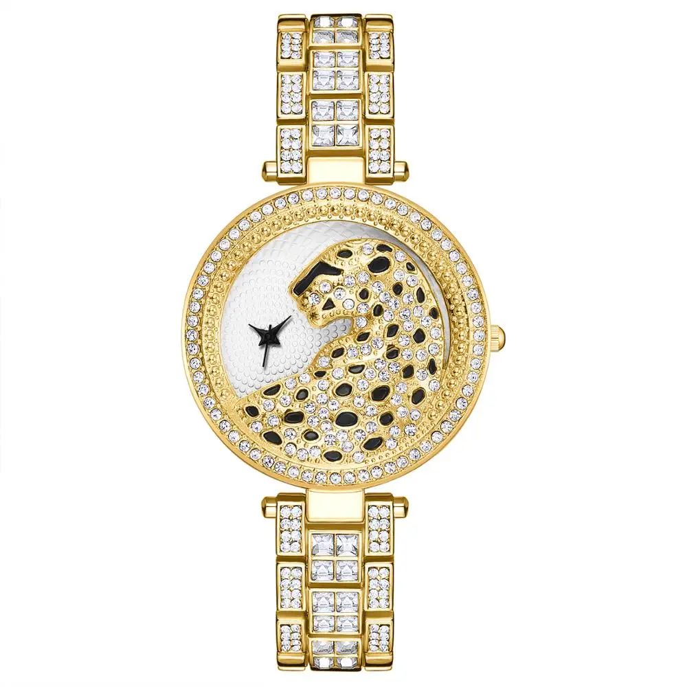 Prabangūs moteriški Laikrodžiai Mados Bling Ponios Verslo Kvarco Žiūrėti Moterų Aukso Žiūrėti Krištolo ir Deimantų Leopard Moterų Laikrodis