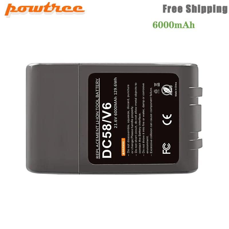 Powtree 21.6 V Li-ion Baterija 6.0 Ah Dyson V6 DC58 DC59 DC61 DC62 DC74 SV09 SV07 SV03 965874-02 Dulkių siurblys Baterijos