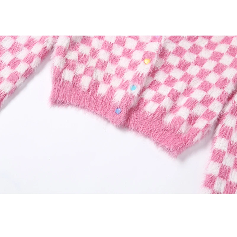 Moterų Patikrinti Cardigan Pink & Baltos Moheros ilgomis Rankovėmis Širdies Formos Mygtuką Iki Apkarpytos Megztiniai Megztiniai e-Girl Apranga /