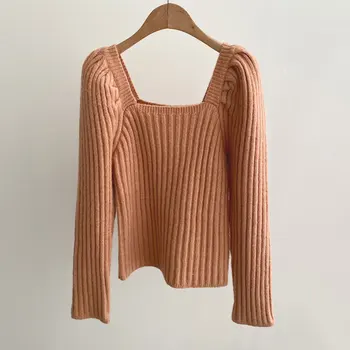 2020 m. Rudenį Moterų Megztinis Dryžuotas Aikštėje Apykaklės Megztinis Kintted Traukti ilgomis Rankovėmis Sluoksniuotos Rankovėmis Slim Derliaus korėjos Stiliaus Megztinis