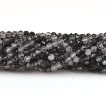 2mm 3mm Natūralus Juodas Kvarcas Rutilated Kristalų Apvalus Briaunotas Brangakmenių Karoliukai 