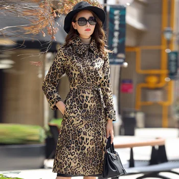 Moterų Leopardas Spausdinti Tranšėjos Paltai Moterims Dvigubo Breasted Varčias Ilgas Kailis Korėjos Mados Švarkelis, Pasukite Žemyn Apykaklės Veste Femme