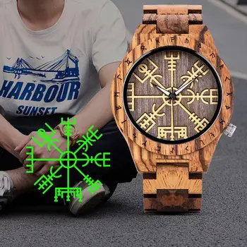 Reloj hombre BOBO PAUKŠČIŲ Medienos Laikrodžiai Vyrų Vairą iš Baimės ar Vegvisir Dizainą, Prabangos Prekės, vyriški Rankų darbo Writwatches Logotipą