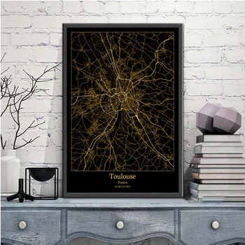 Tulūzoje (Prancūzija Black&Gold Miesto Šviesos Žemėlapiai Užsakymą Pasaulio Miesto Žemėlapį, Plakatai, Drobė Spausdina Šiaurės Stiliaus Sienos Menas Namų Dekoro