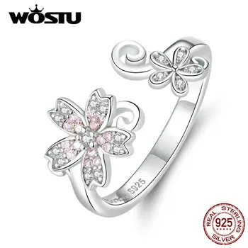 WOSTU Nekilnojamojo 925 Sterlingas Sidabro Sakura Gėlių Žiedas Moterims Rožinė Cirkonis Atidaryti Dydžio Žiedai, Vestuvių, Sužadėtuvių ewelry DAR086